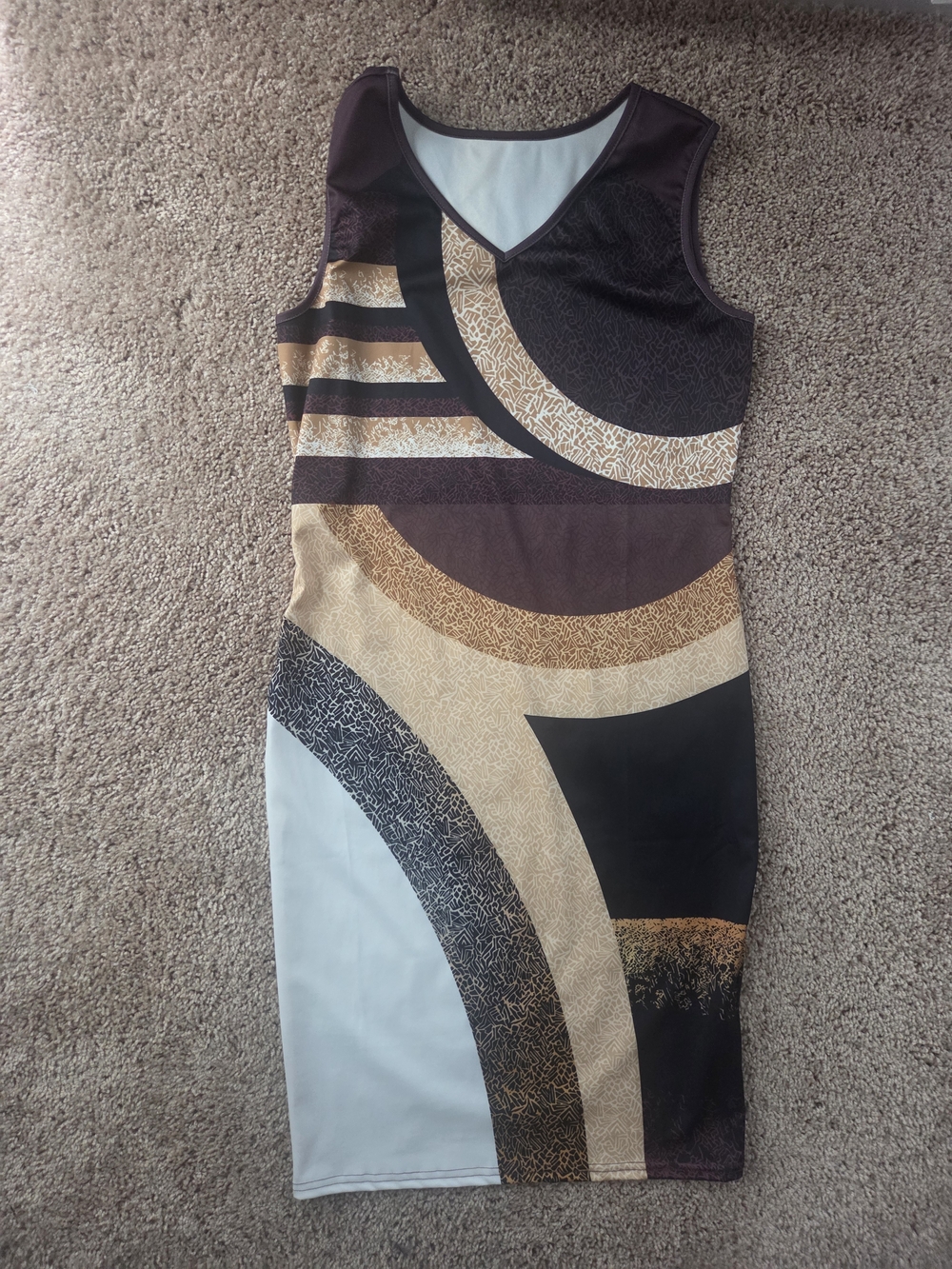 SHEIN Sleeveless Geometric Midi Dress in Brown, Cream, Black